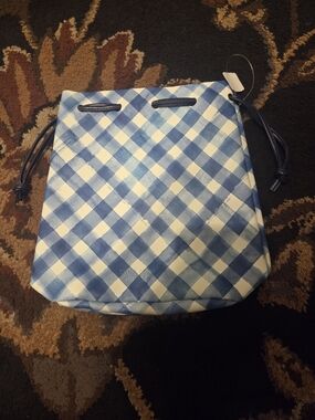 Blue and White Gingham Drawstring Bucket Bag